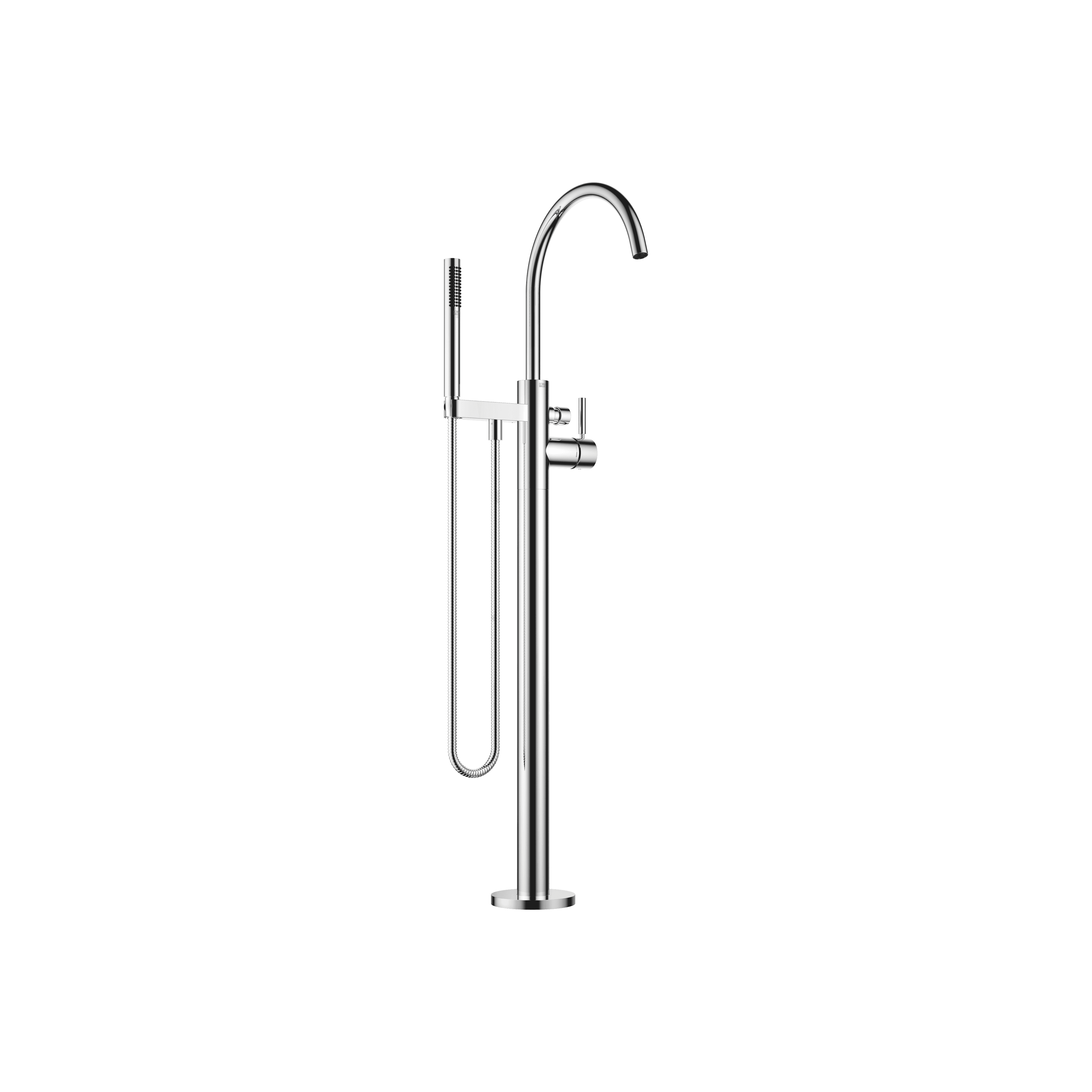 Single-lever bath mixer with stand pipe for free-standing assembly with hand shower set in Chrome