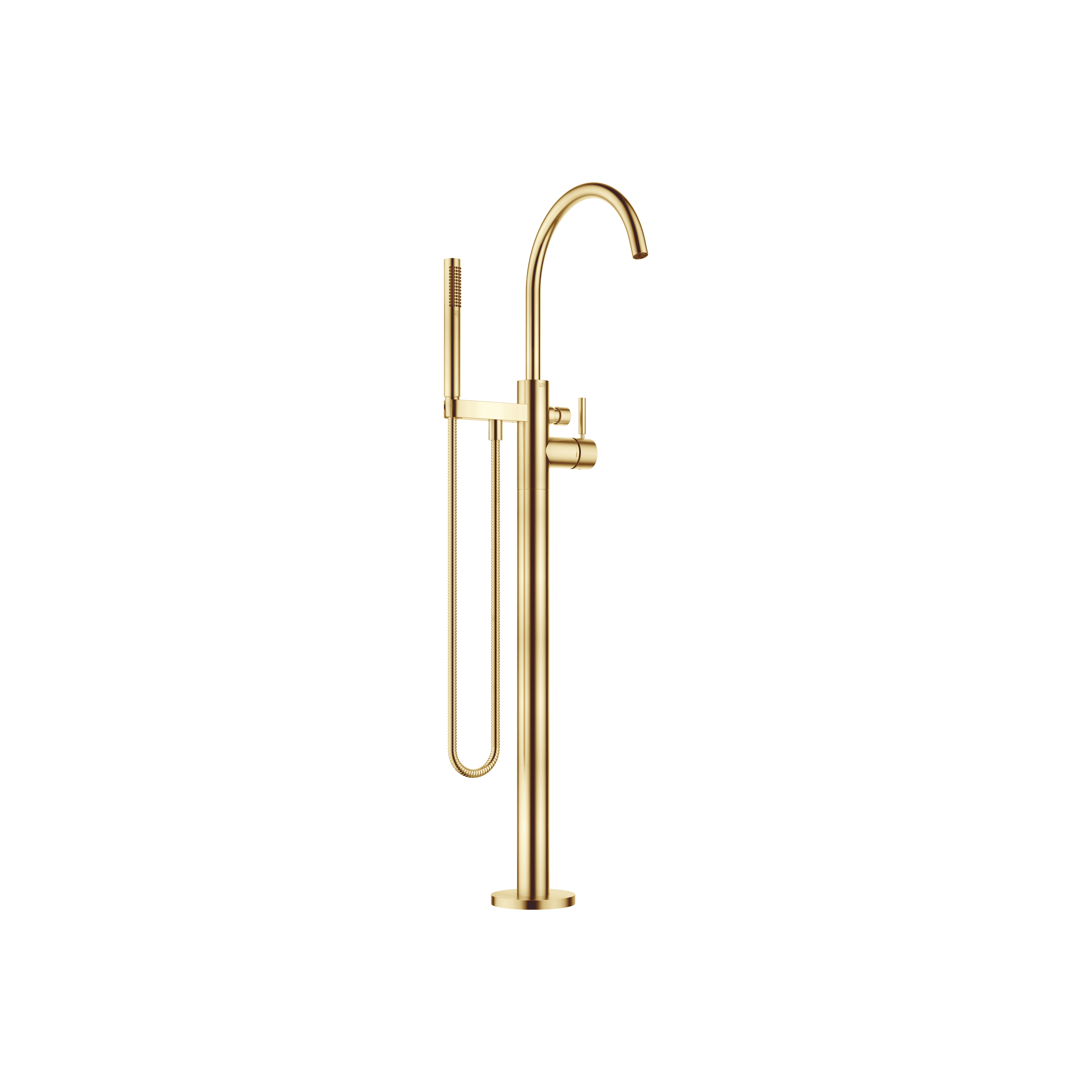 Single-lever bath mixer with stand pipe for free-standing assembly with hand shower set in Brushed Gold (PVD)