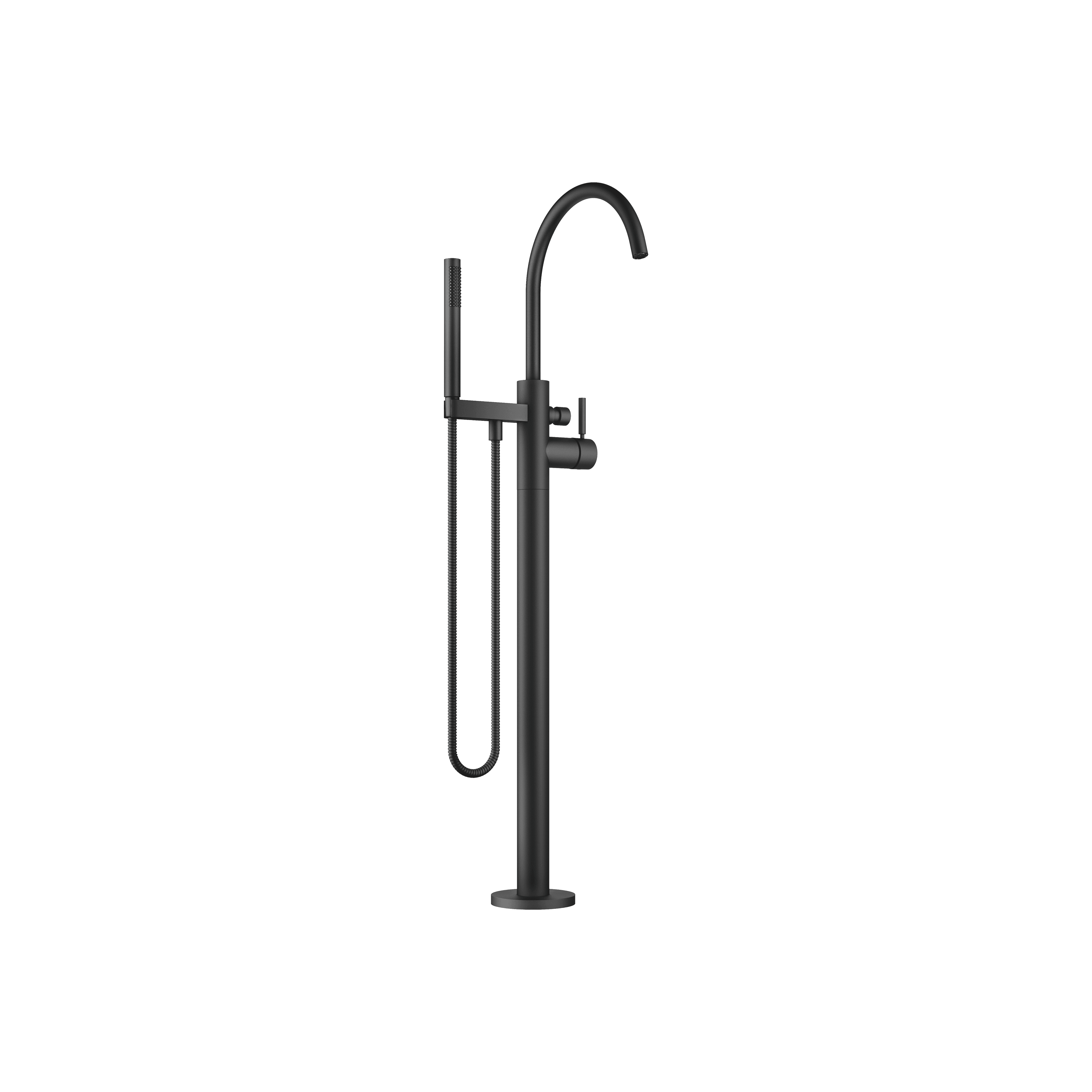 Single-lever bath mixer with stand pipe for free-standing assembly with hand shower set in Matte Black