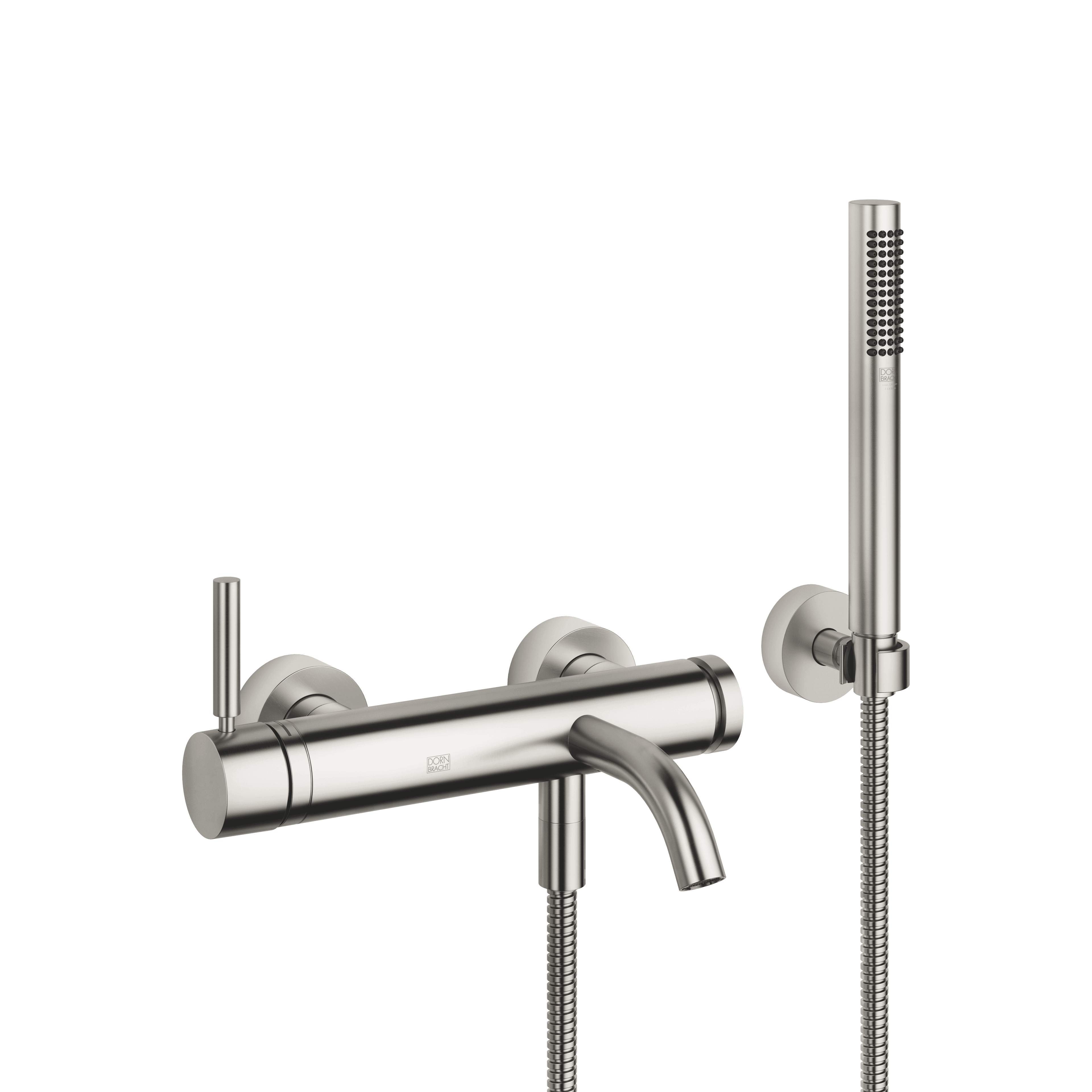 META Single-lever bath mixer for wall mounting with hand shower set in Brushed Platinum