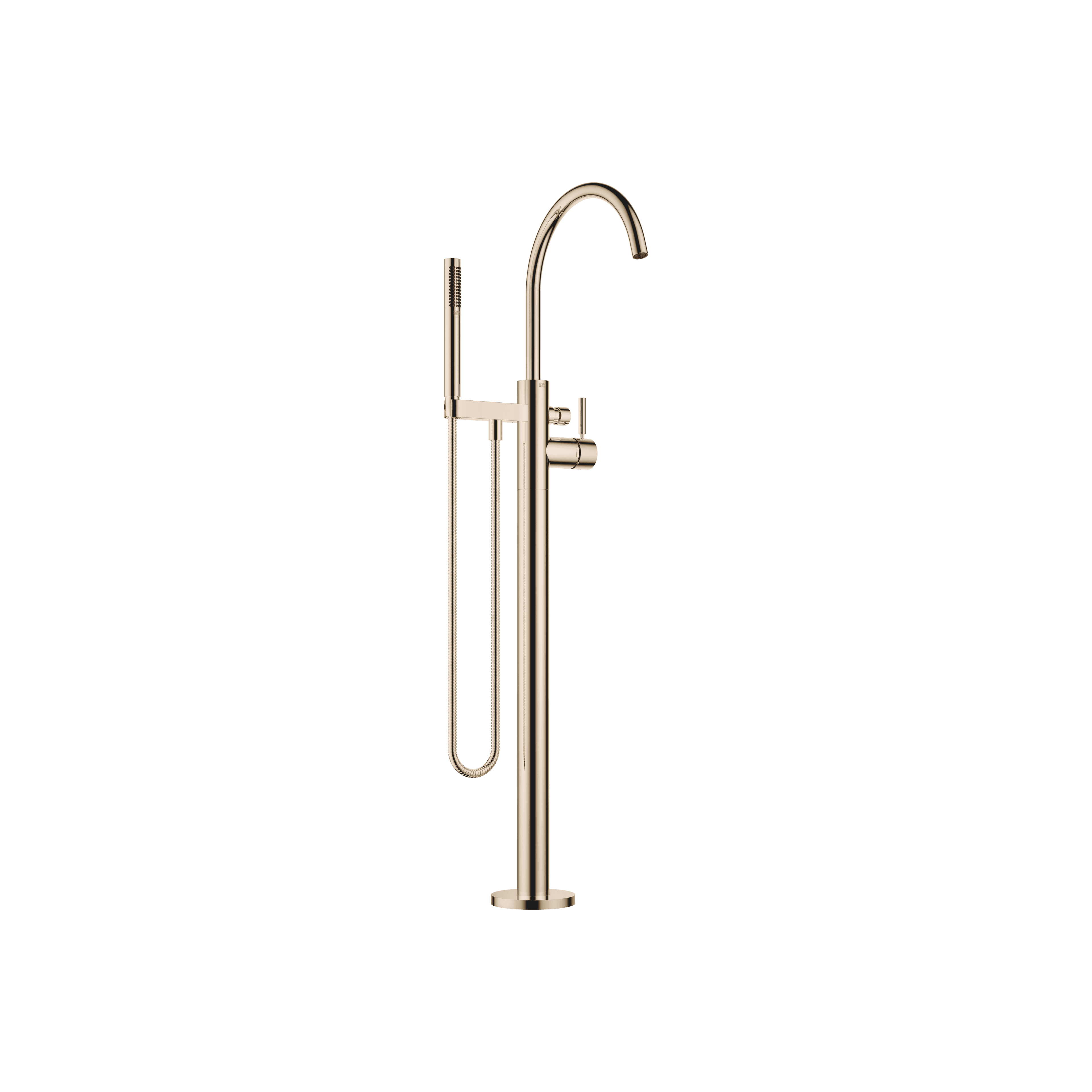 Single-lever bath mixer with stand pipe for free-standing assembly with hand shower set in Light Gold (PVD)