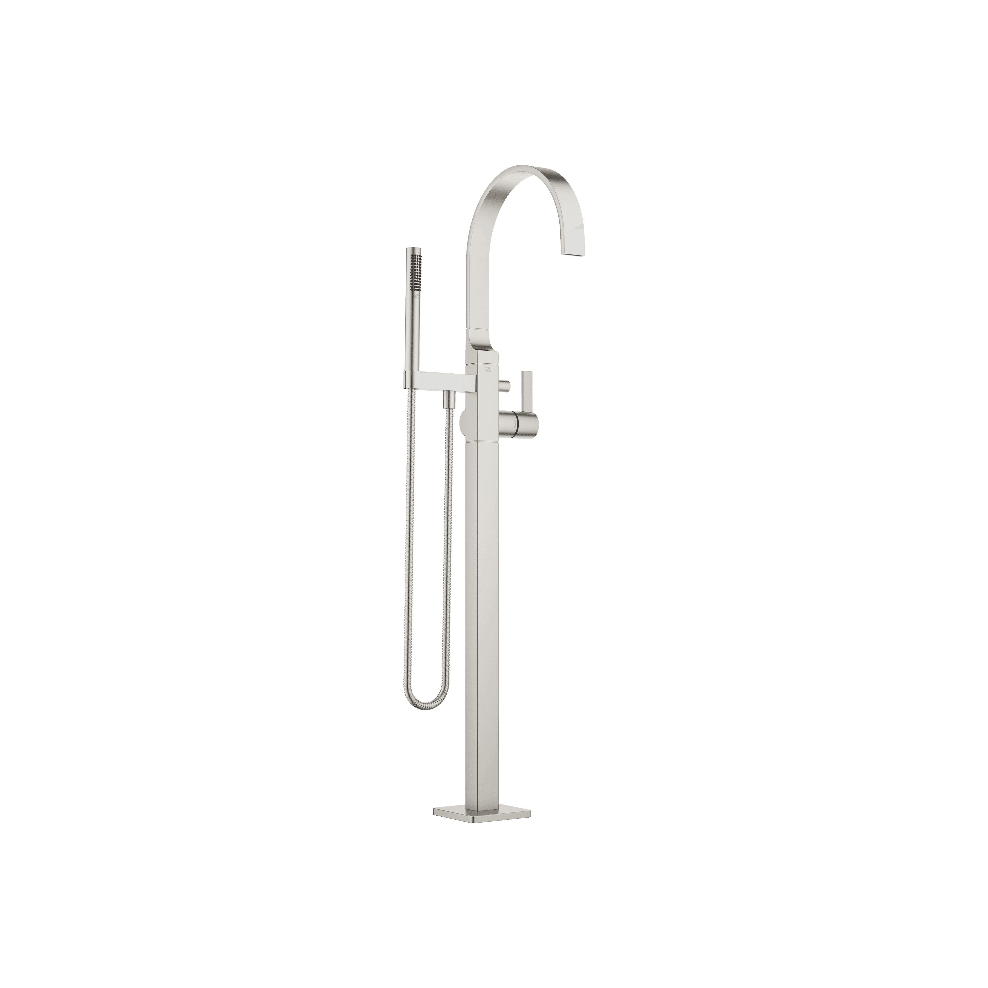 MEM Single-lever bath mixer with stand pipe for free-standing assembly with hand shower set in Brushed Platinum