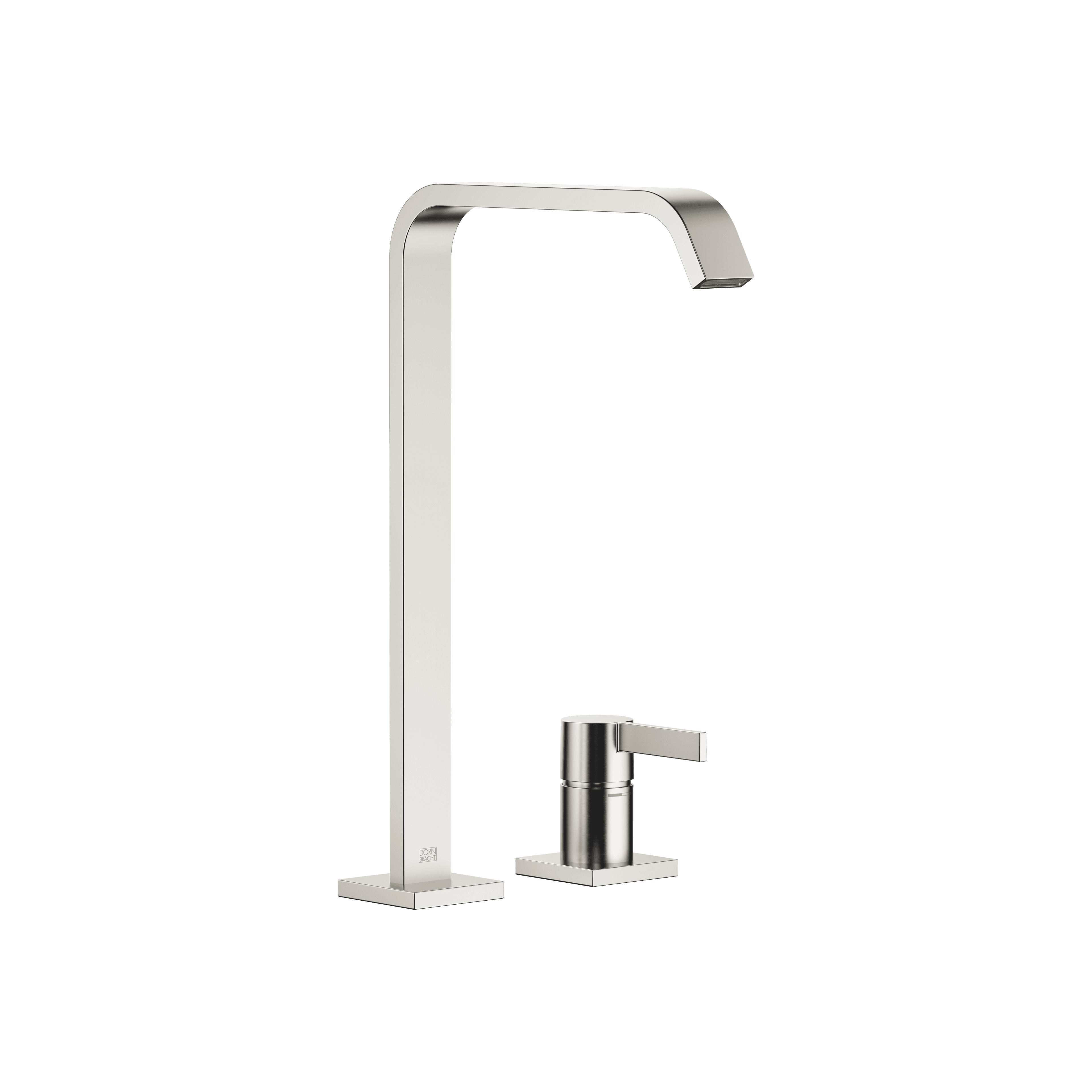 IMO Two-hole basin mixer with high spout without pop-up waste in Brushed Platinum