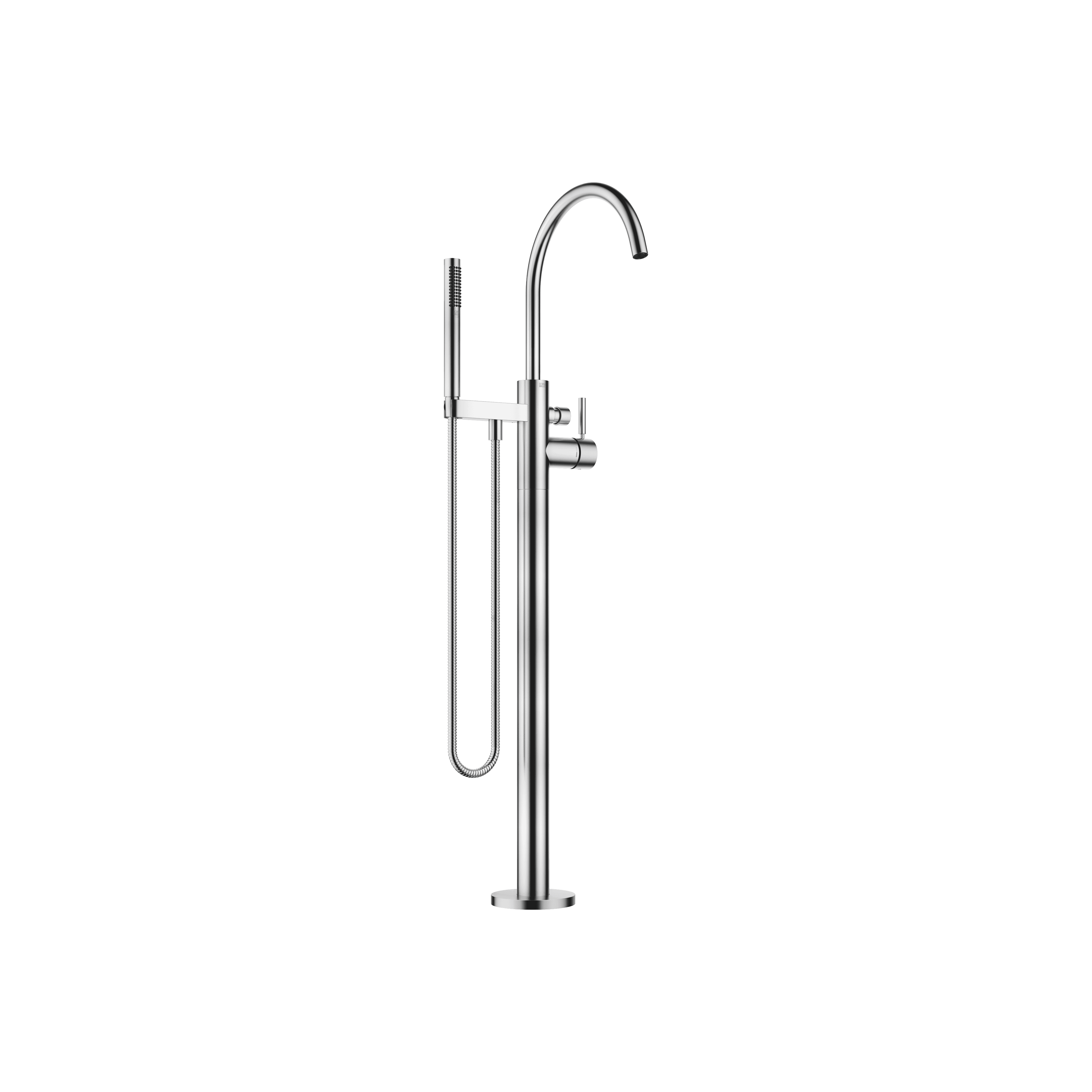 Single-lever bath mixer with stand pipe for free-standing assembly with hand shower set in Brushed Chrome