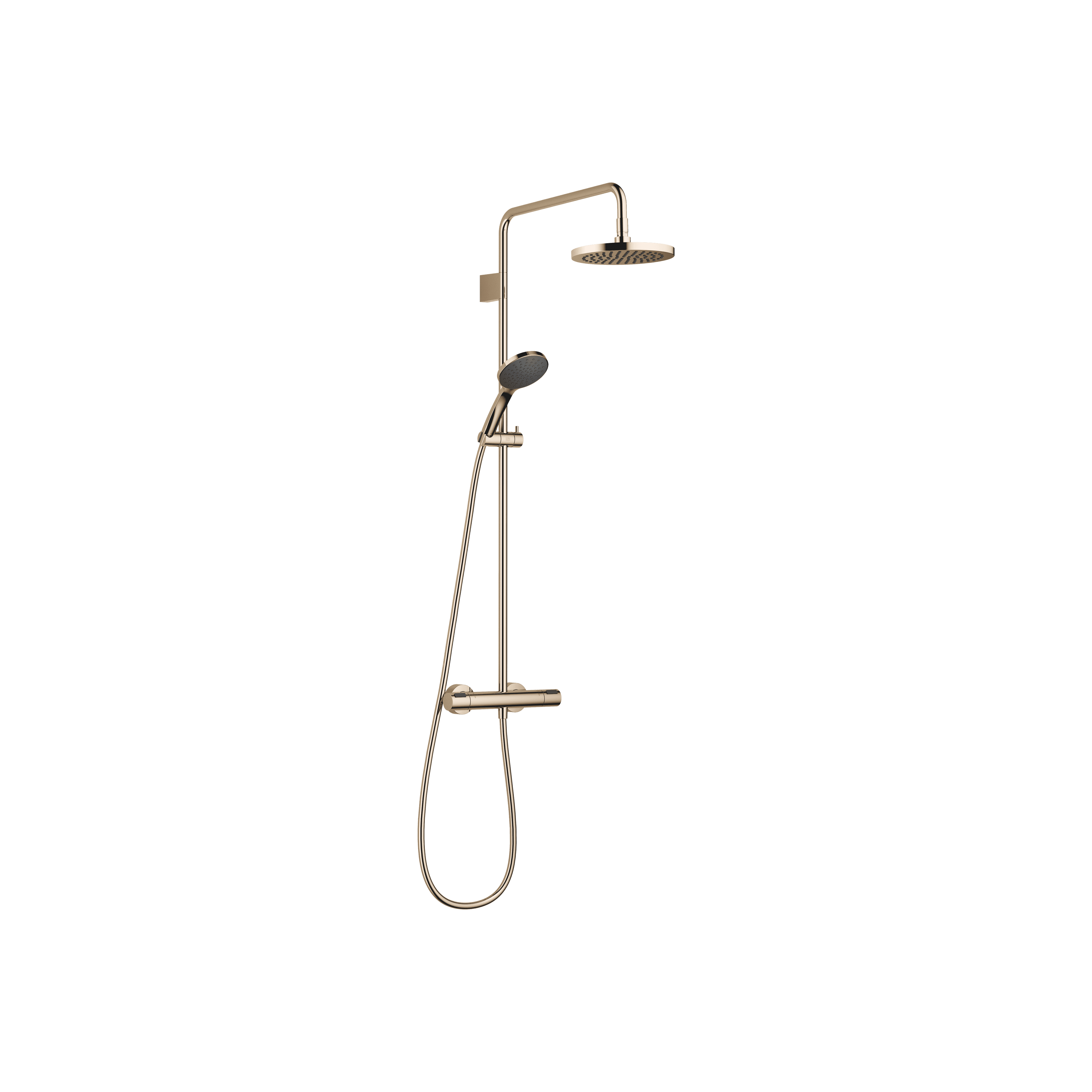 Shower pipe with shower thermostat with hand shower set FlowReduce 220 mm in Light Gold (PVD)