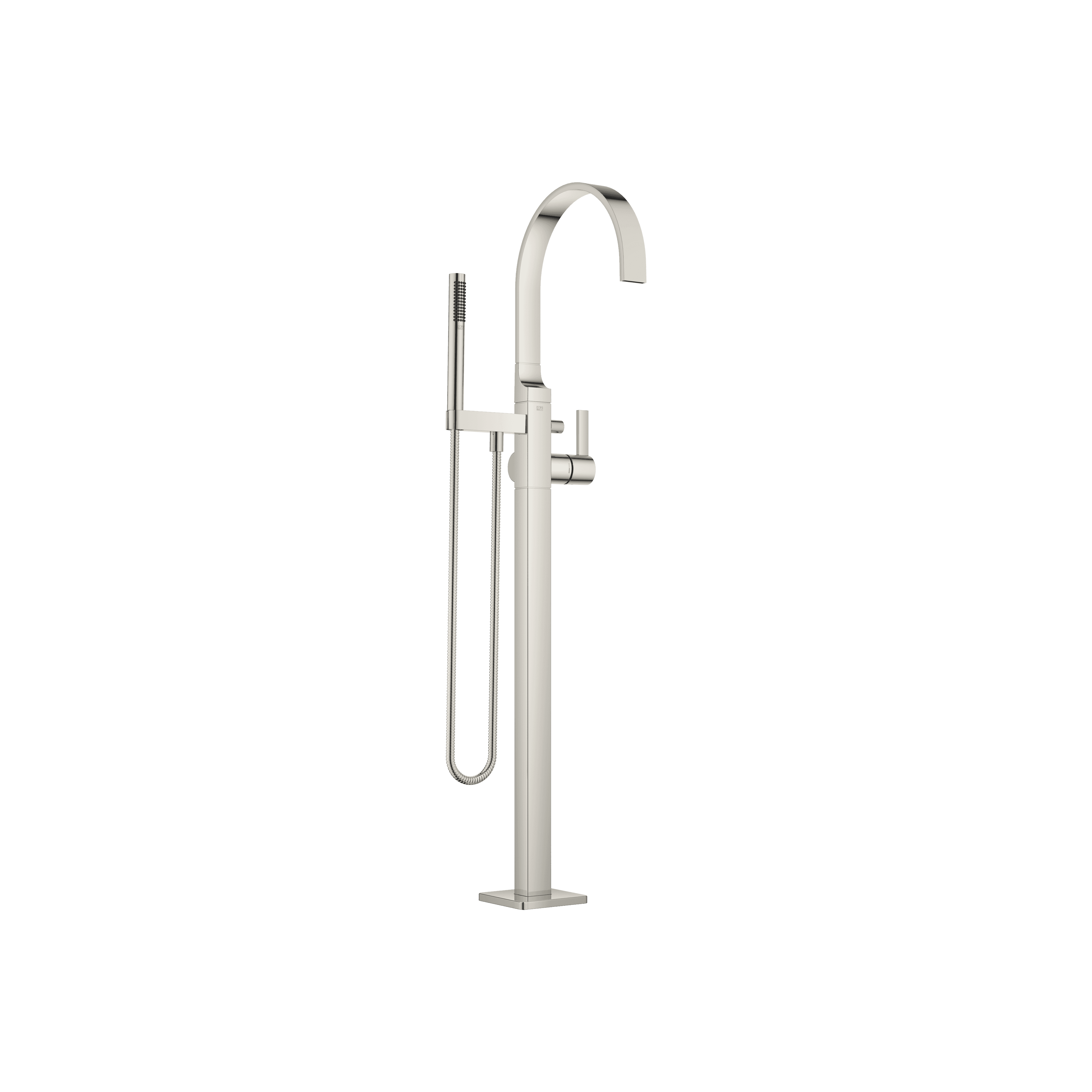 MEM Single-lever bath mixer with stand pipe for free-standing assembly with hand shower set in Platinum