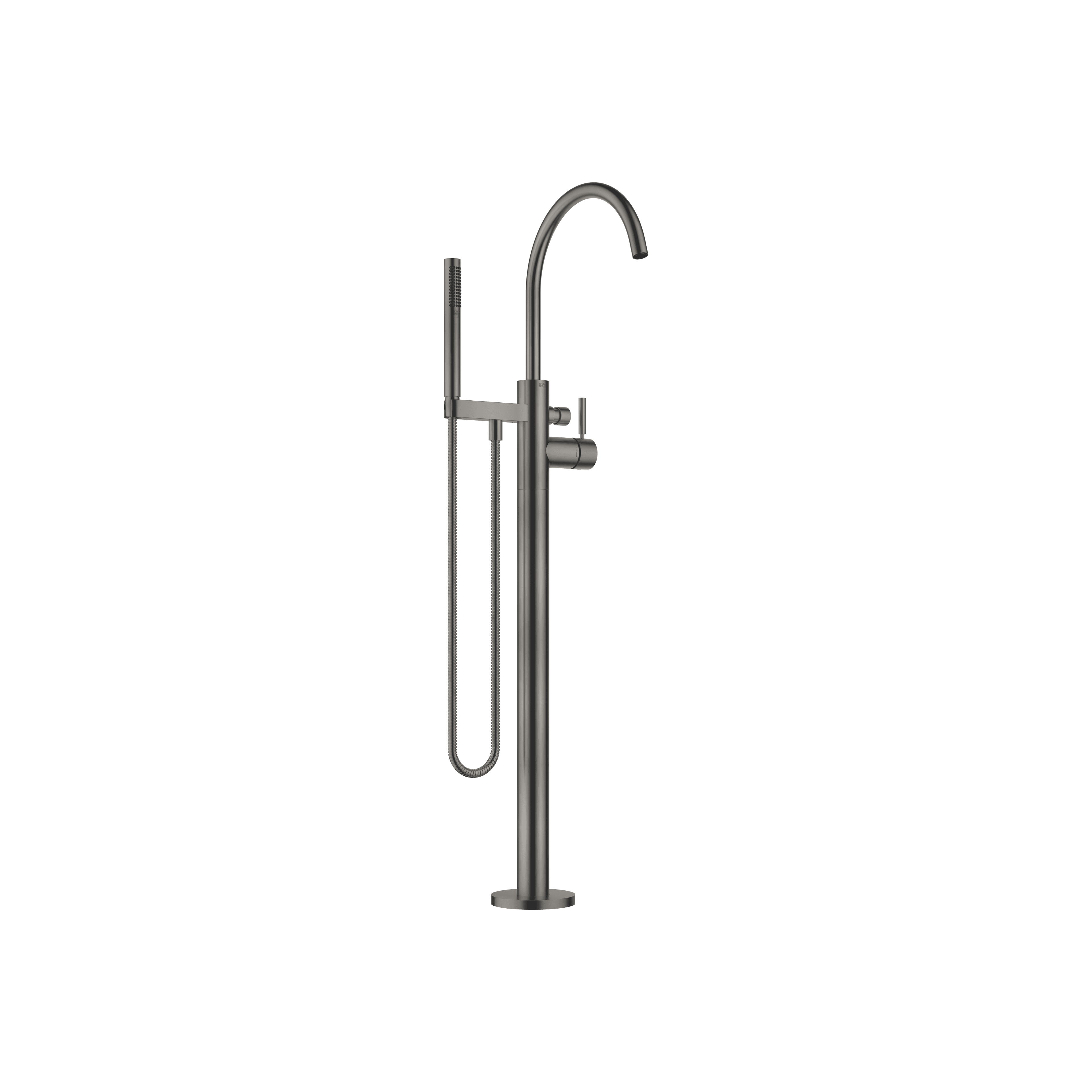 Single-lever bath mixer with stand pipe for free-standing assembly with hand shower set in Brushed Dark Platinum