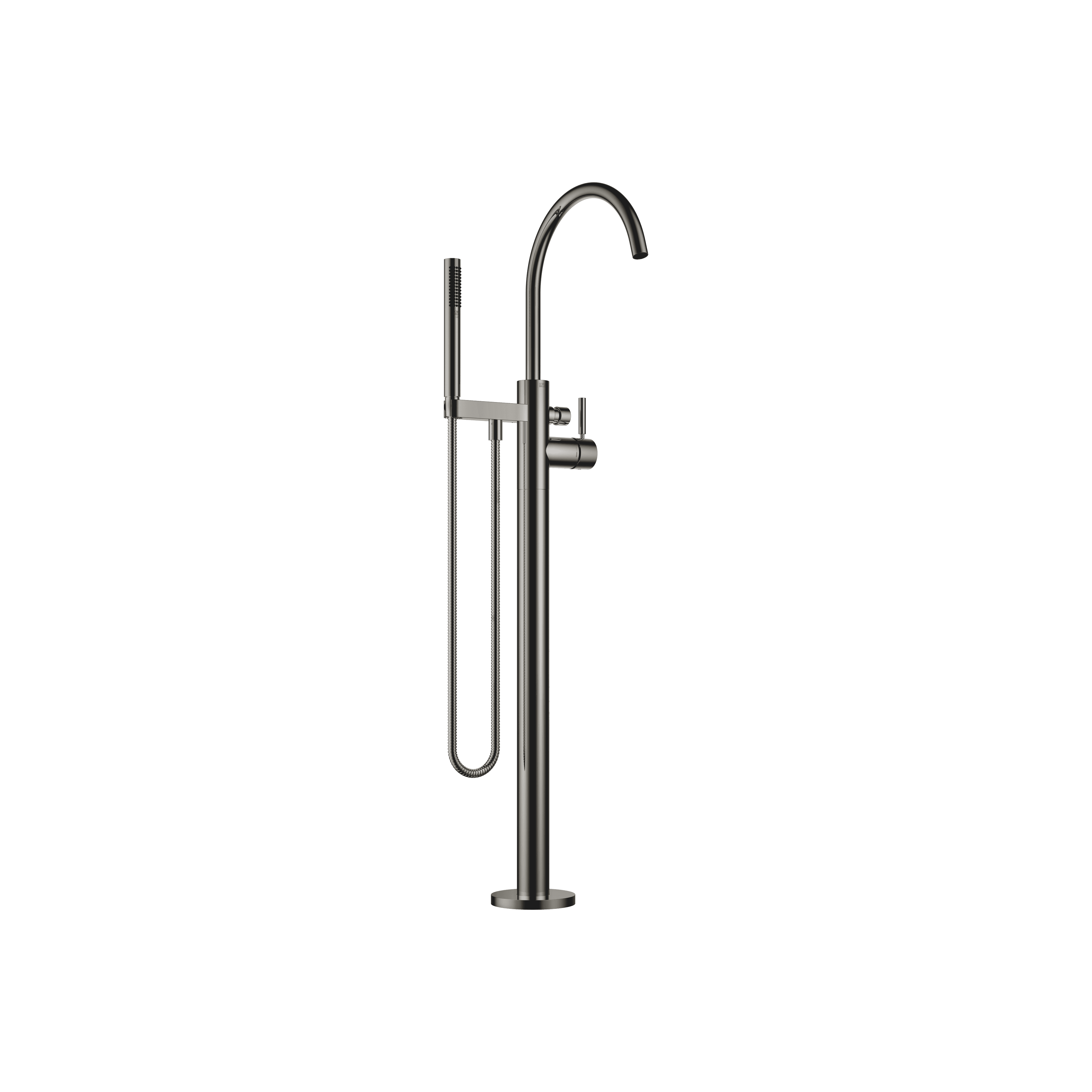 Single-lever bath mixer with stand pipe for free-standing assembly with hand shower set in Dark Chrome