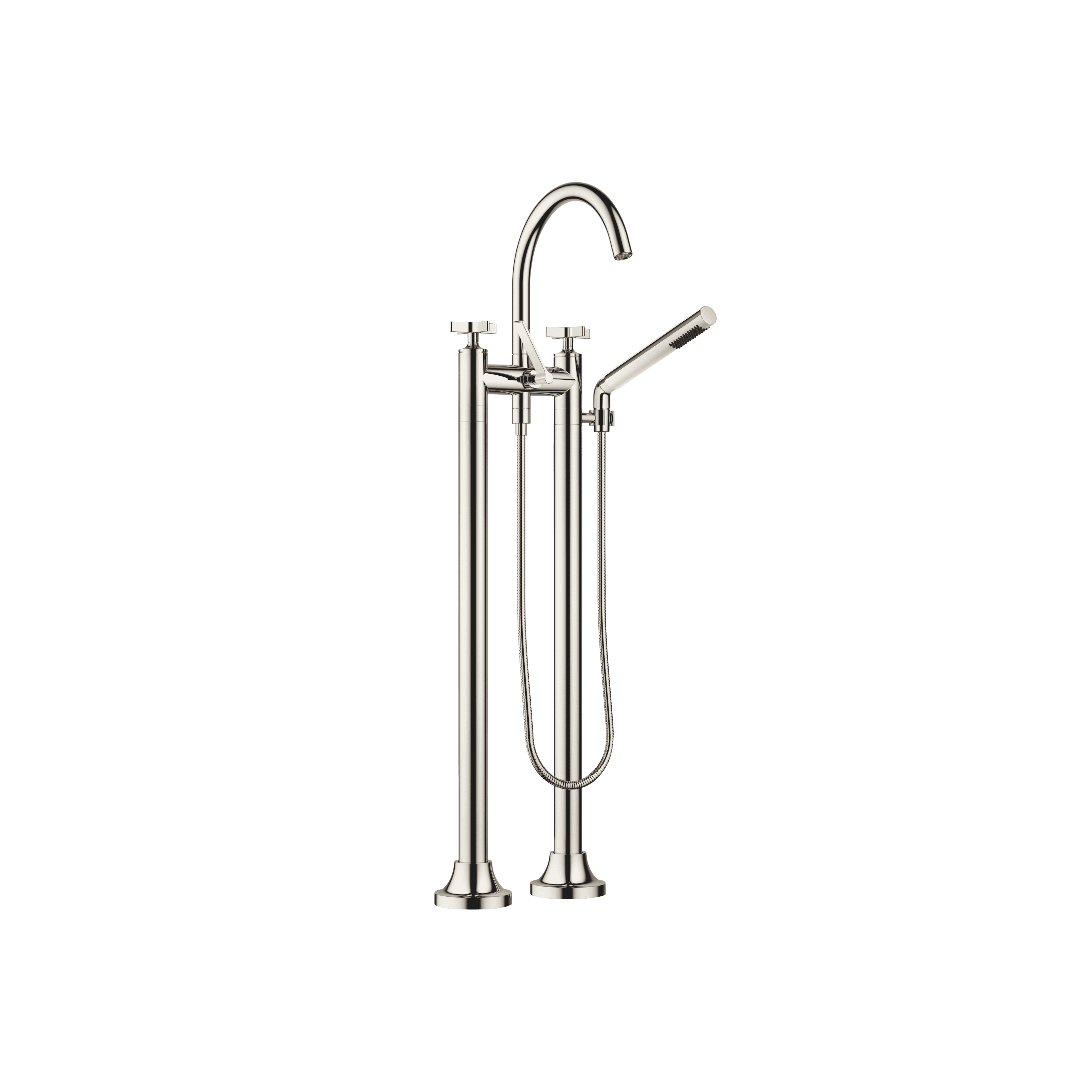 VAIA Two-hole bath mixer for free-standing assembly with hand shower set in Platinum