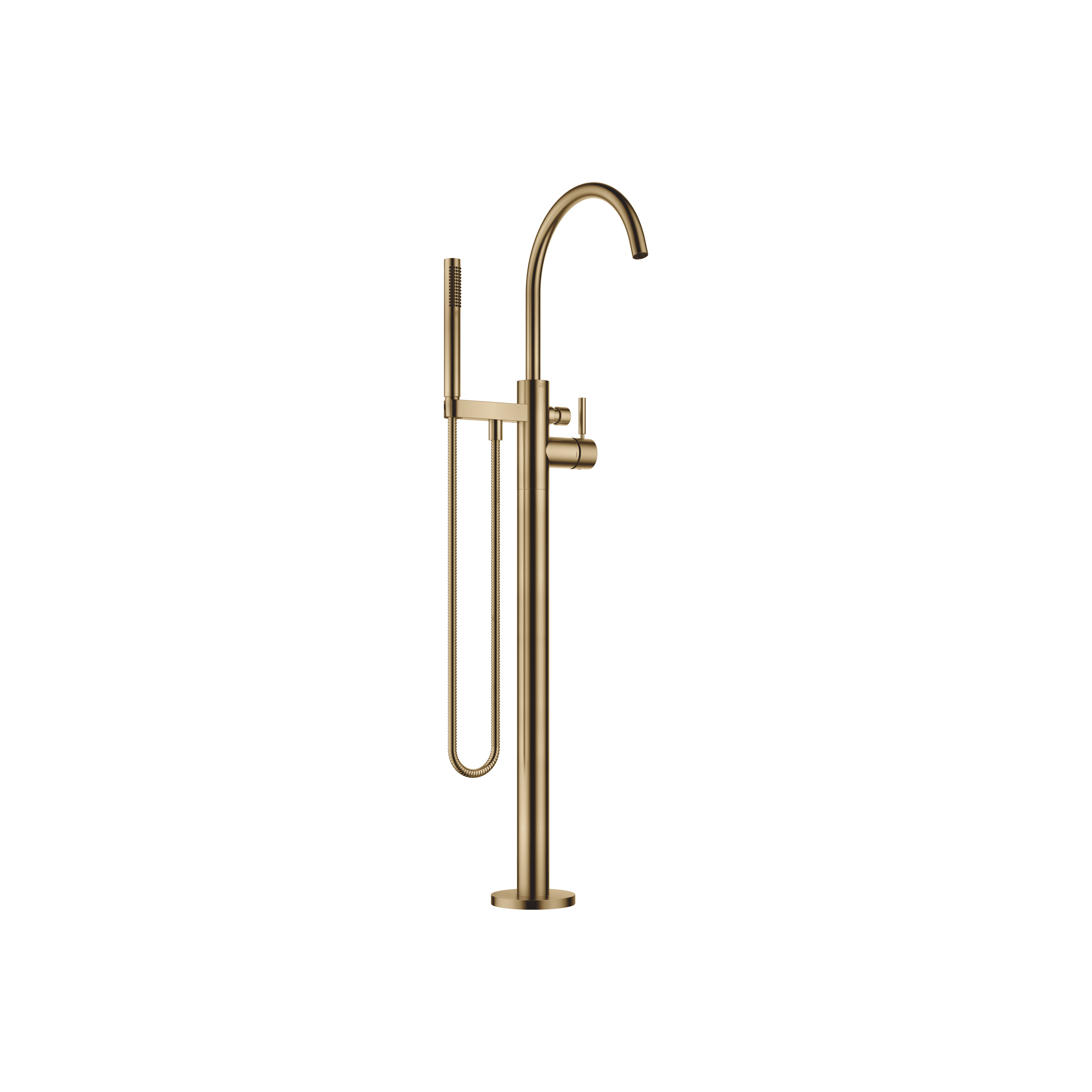 Single-lever bath mixer with stand pipe for free-standing assembly with hand shower set in Brushed Dark Brass (PVD)