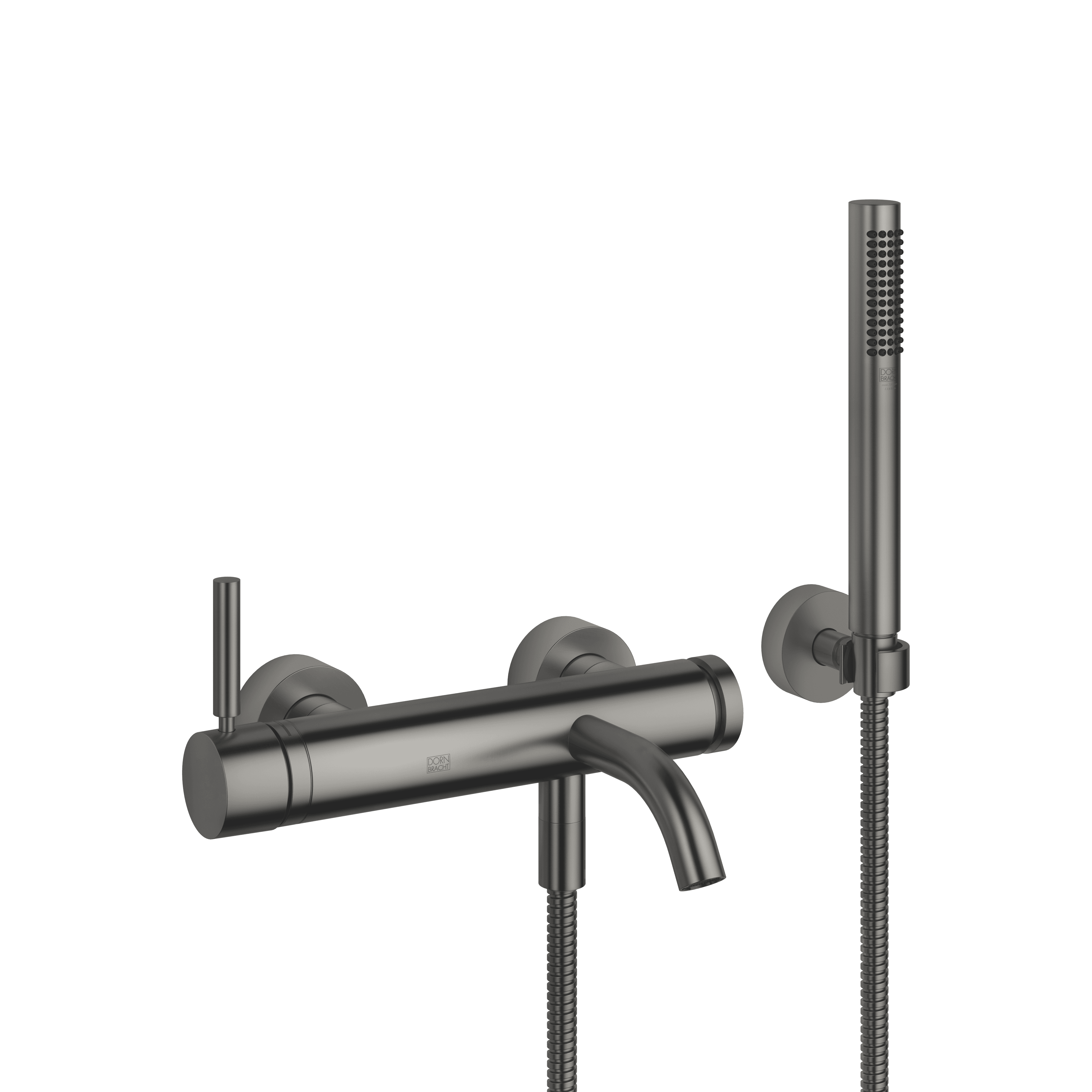 META Single-lever bath mixer for wall mounting with hand shower set in Brushed Dark Platinum