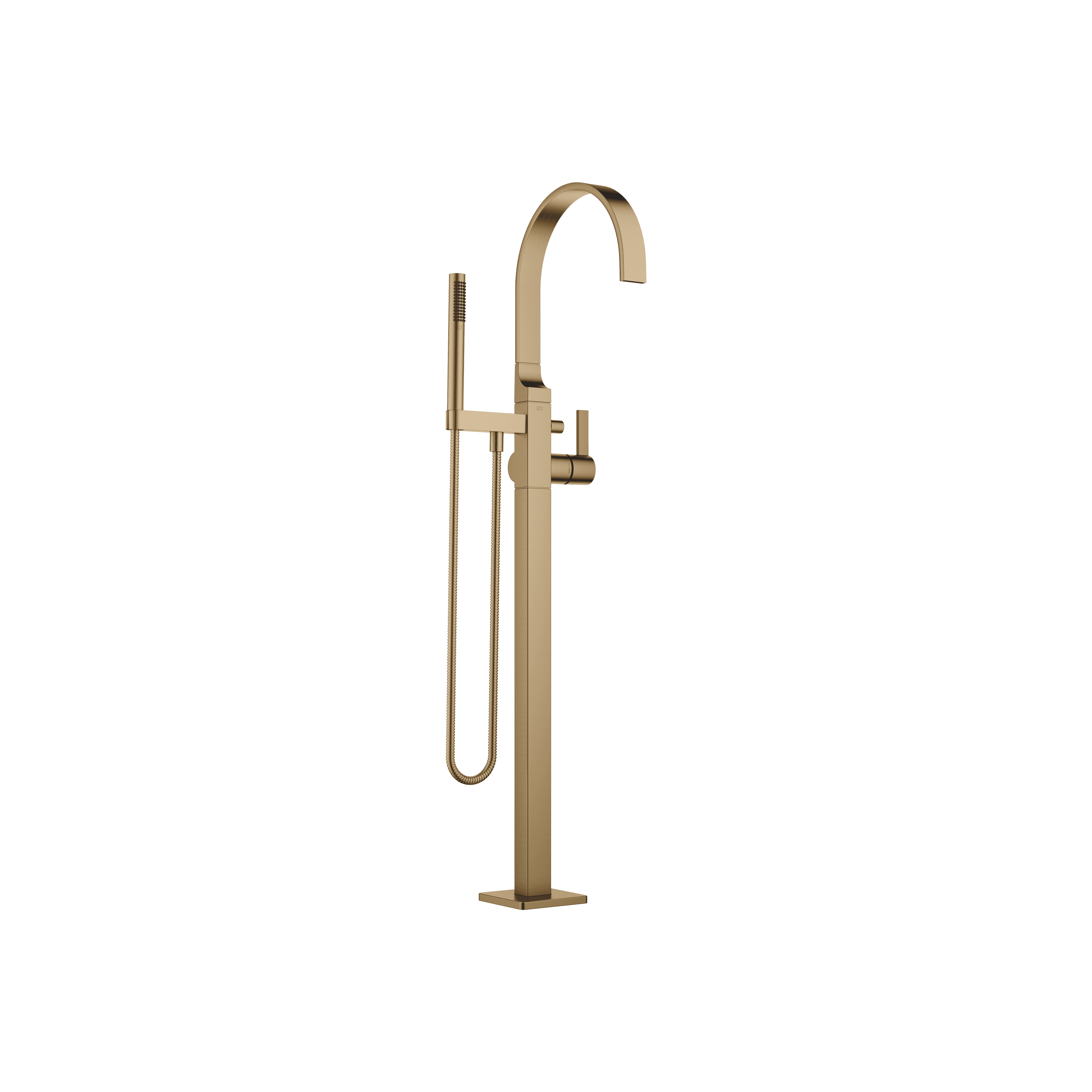 MEM Single-lever bath mixer with stand pipe for free-standing assembly with hand shower set in Brushed Dark Brass (PVD)