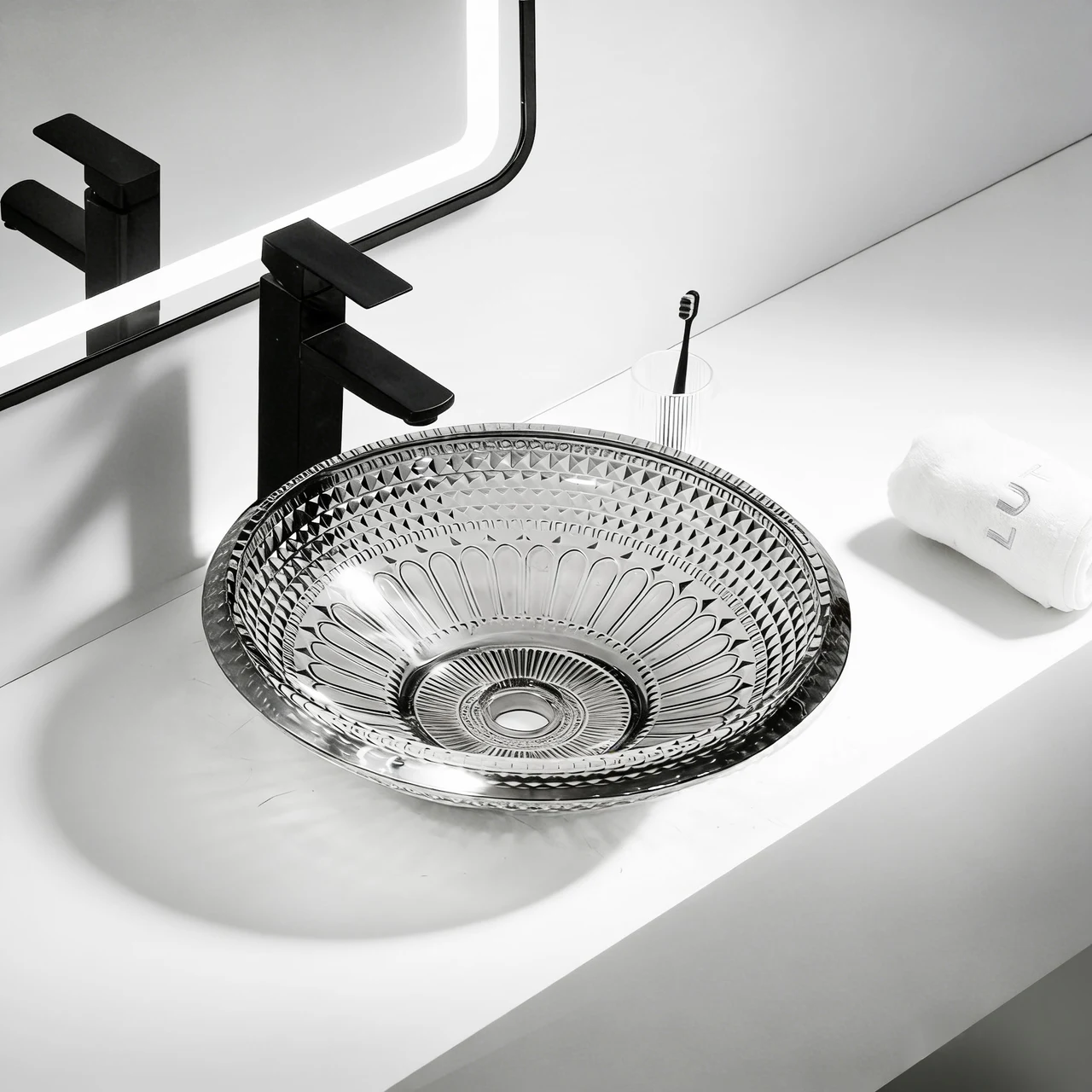 Oceandell Shallow Textured Round Glass Washbasin BSA-0009